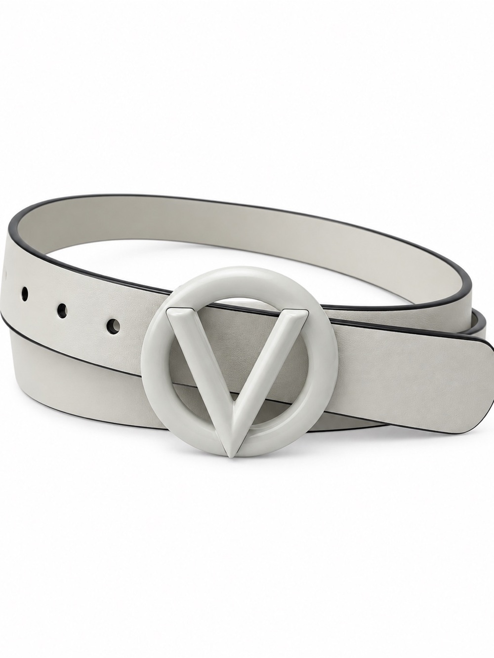 Valentino Ivory Leather Belt with Round V Buckle